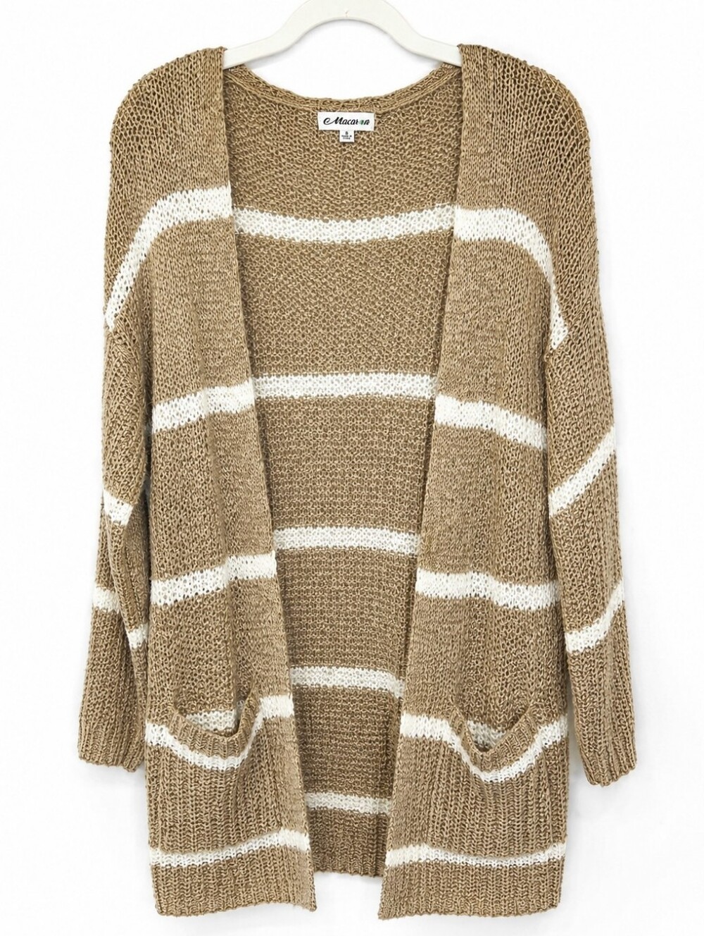 Macaron Cardigan Sweater S Neutral Beige White Striped Open Knit Pockets Basics
